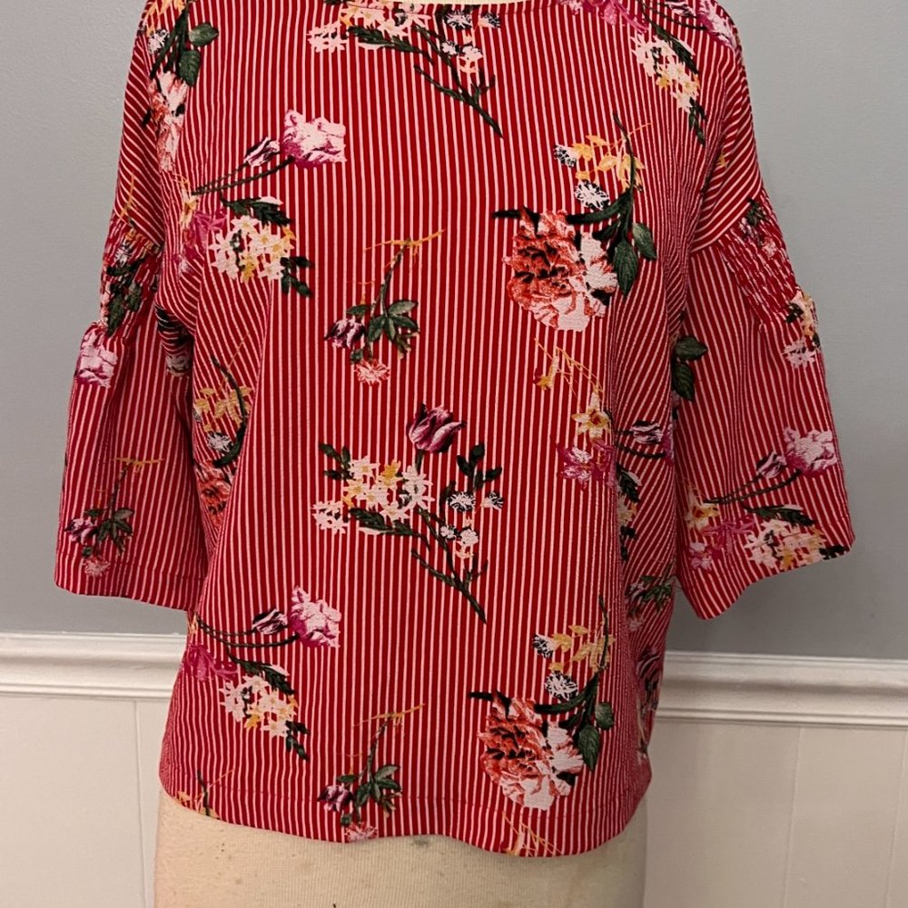 Floral Red and White Stripe Blouse